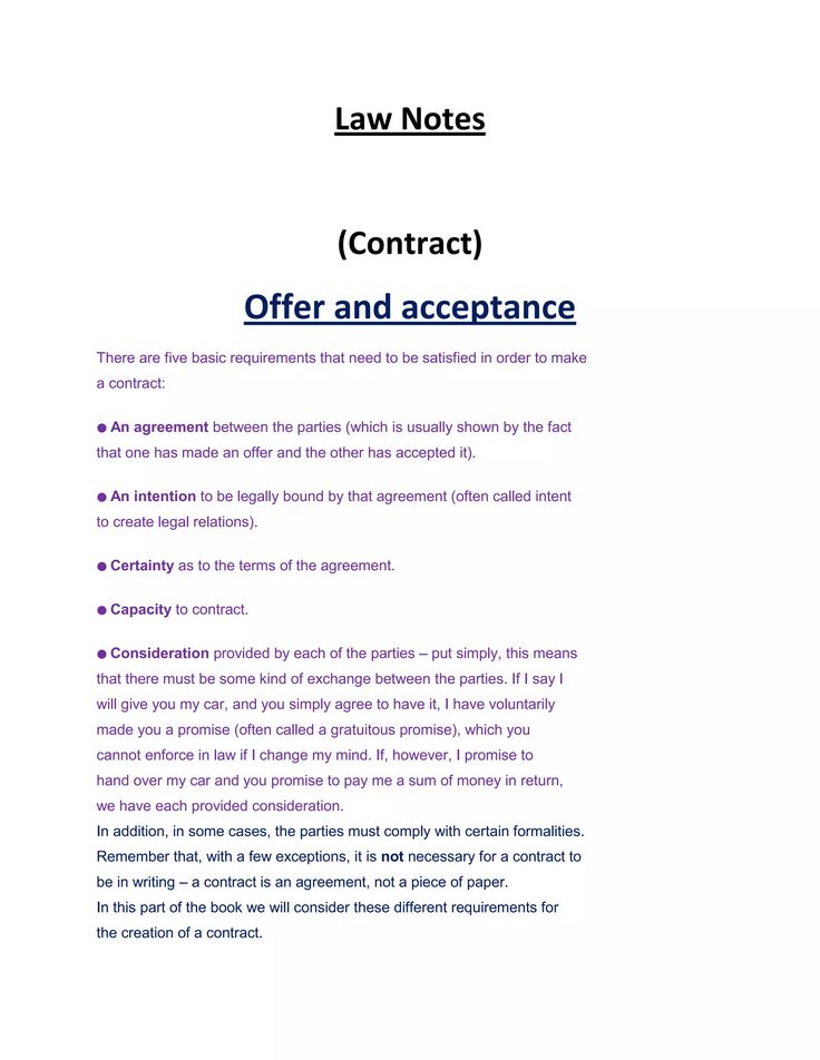 a document with the words,'law notes contact offer and acceptance'in it