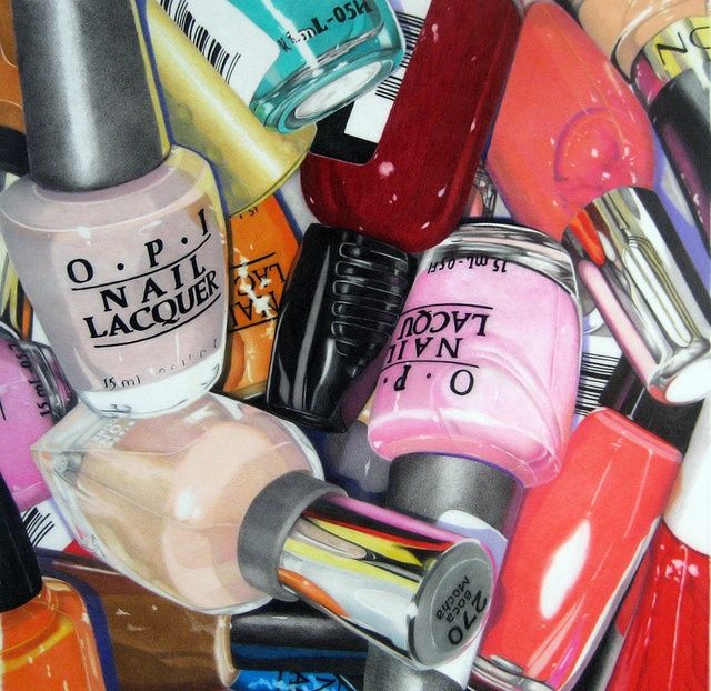 an oil painting of nail polishes and manicures