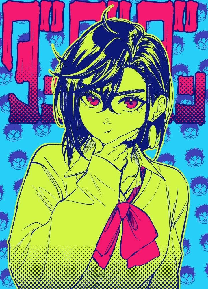 a woman with glasses and a red tie in front of a blue background that has skulls on it