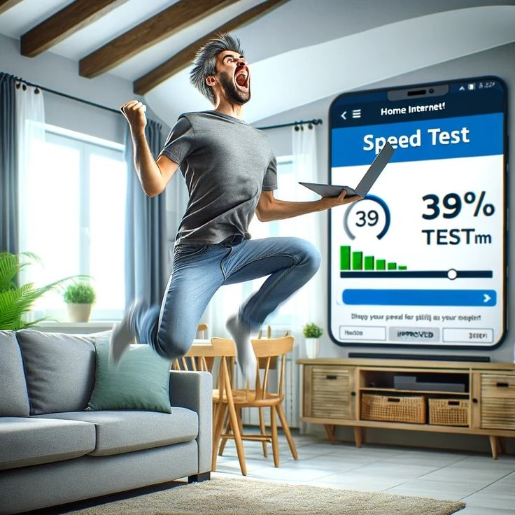 a man jumping up in the air with his laptop on his lap and speed test displayed behind him