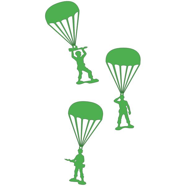 three silhouettes of people with parachutes in the air, one man holding onto another person's head