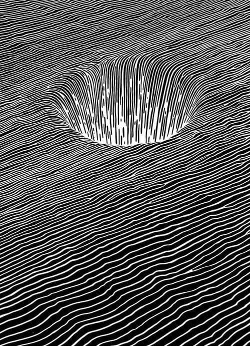 an abstract black and white photo with wavy lines in the center, as if it were floating on water