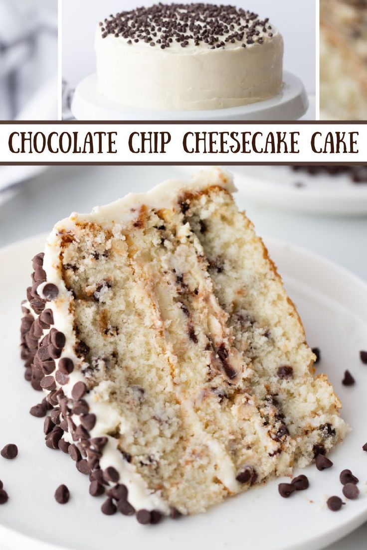 chocolate chip cheesecake cake on a white plate