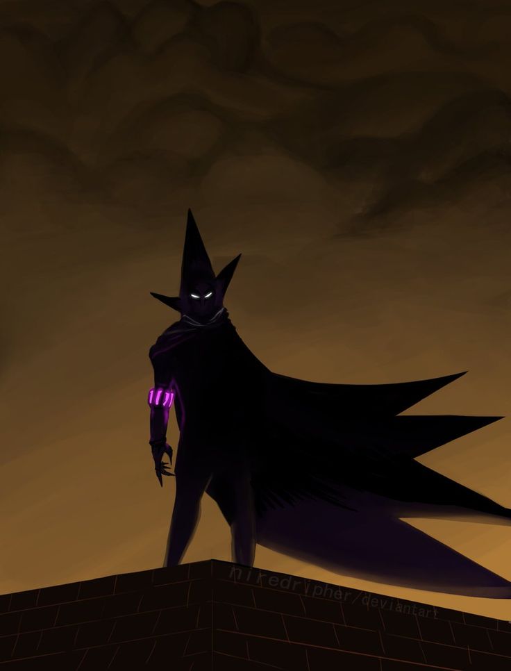 an animated batman standing on top of a roof in the dark with purple light coming from his eyes