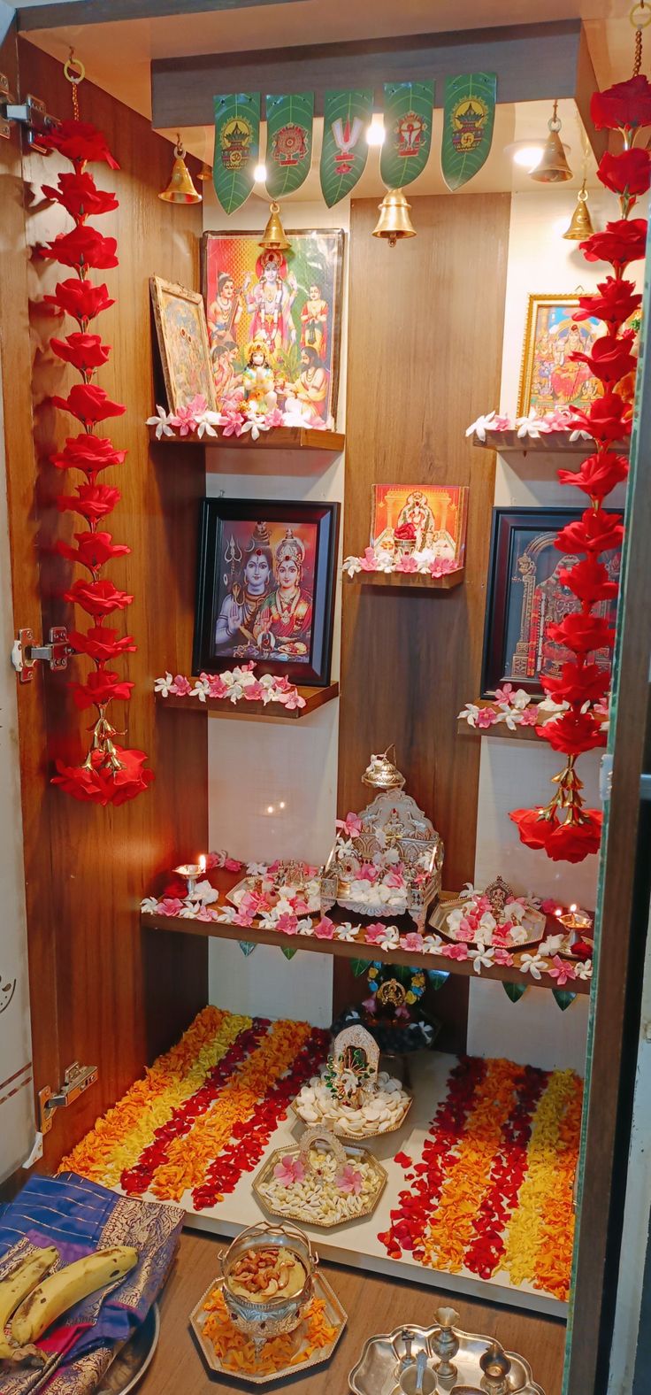 an assortment of food on display in a room with wooden walls and shelves filled with decorations