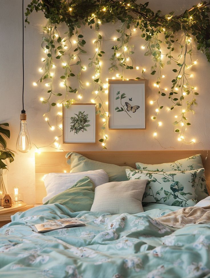 a bed covered in lots of lights next to a wall with plants growing on it