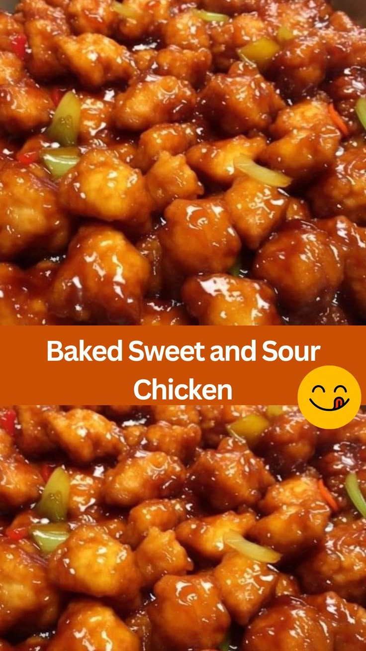 baked sweet and sour chicken is shown in two different images with the words baked sweet and sour chicken