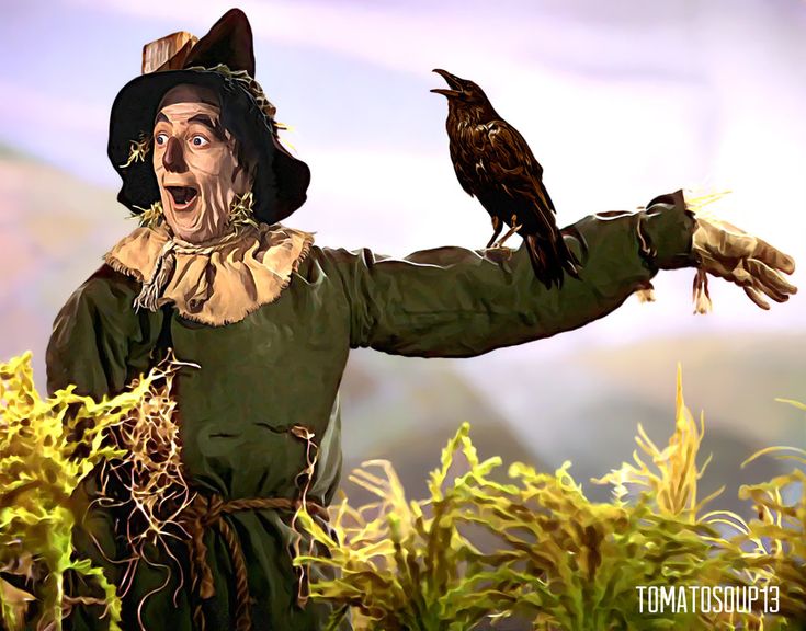 a scarecrow holding a bird on his arm