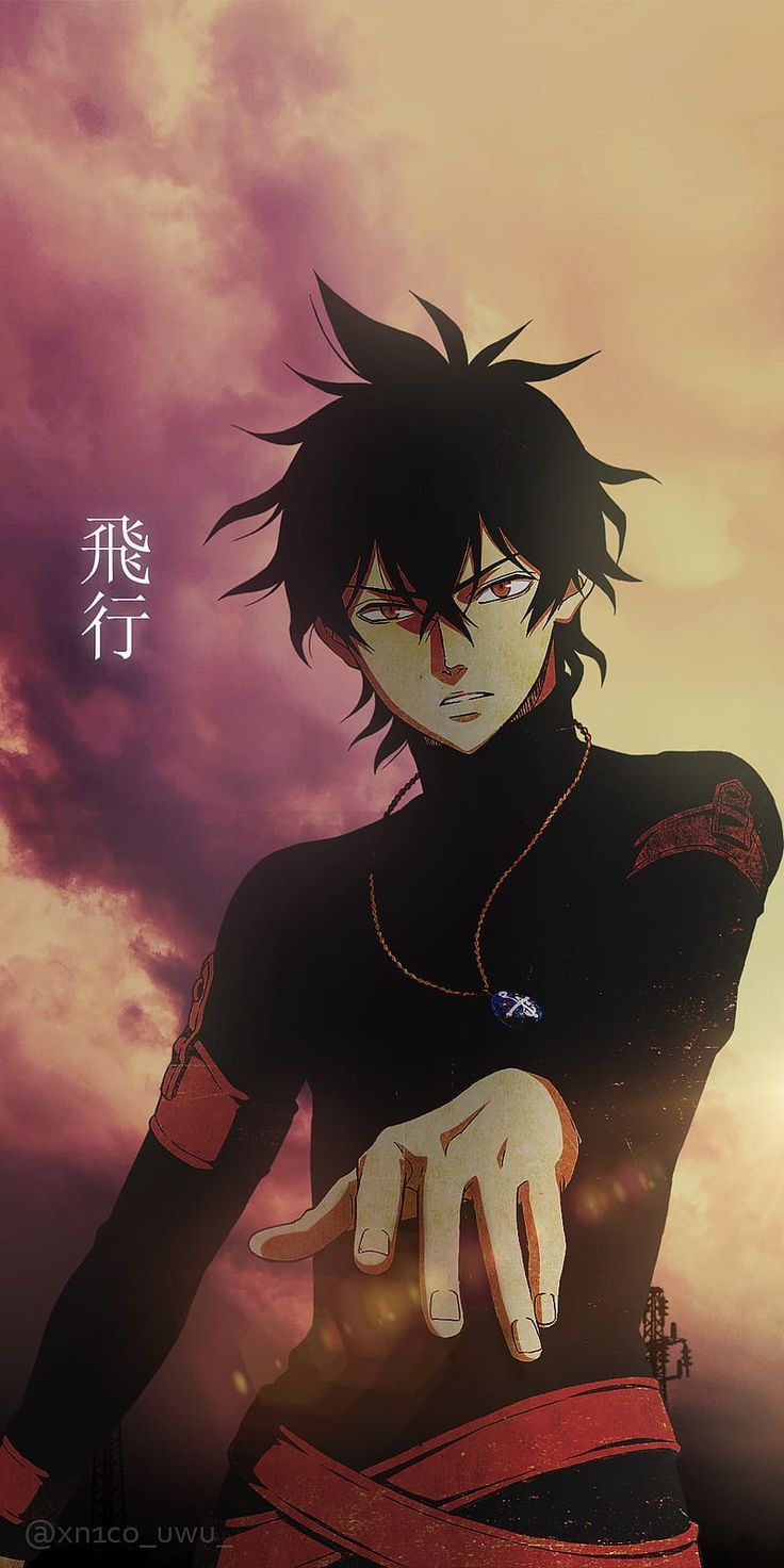 an anime character with black hair holding his hand out in front of the sky and clouds