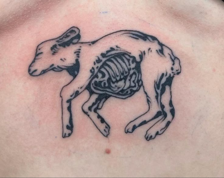 a goat skeleton tattoo on the back of a man's chest, with ribs exposed