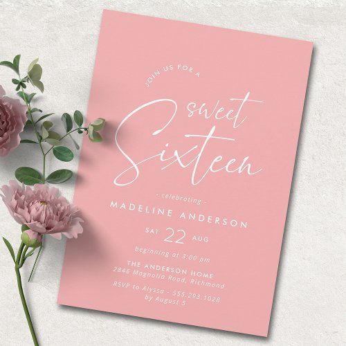 the sweet sixteen birthday party card is shown with pink flowers and greenery on it