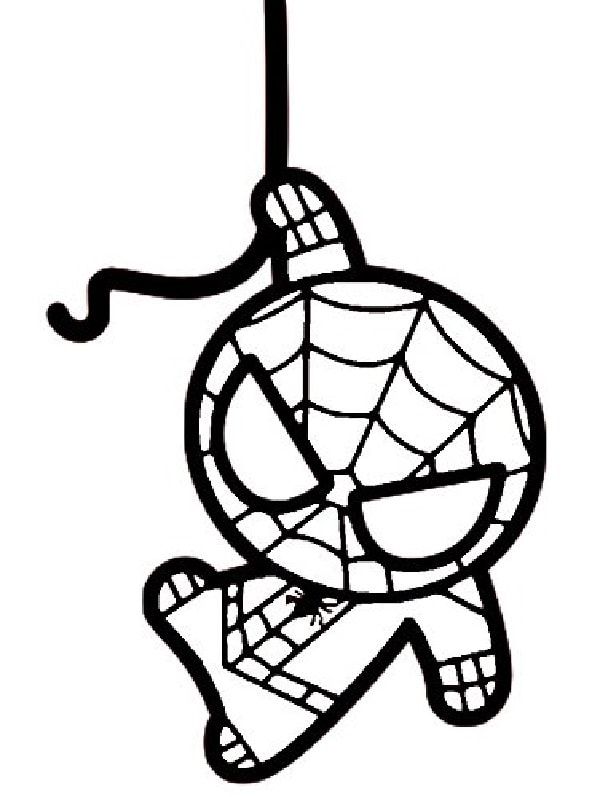 a spiderman ornament hanging from a string on a white background with black lines