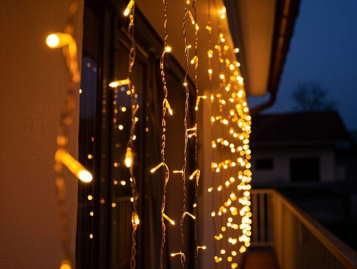 some lights that are on the side of a building by a window at night time