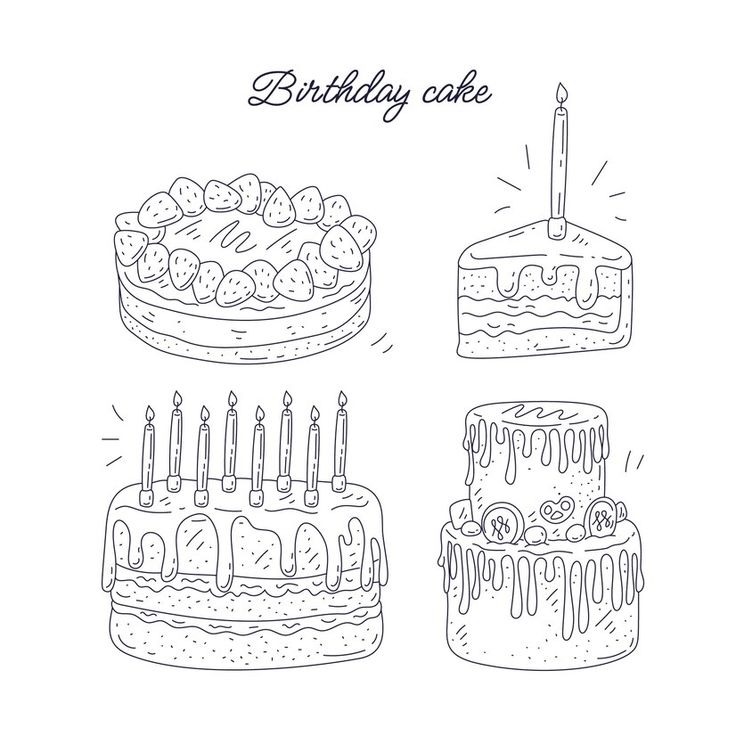 hand drawn birthday cake with candles and icing on white background, doodle style