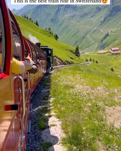 a train traveling through a lush green hillside covered in mountains and grass, with the caption'this is the best train ride in switzerland '