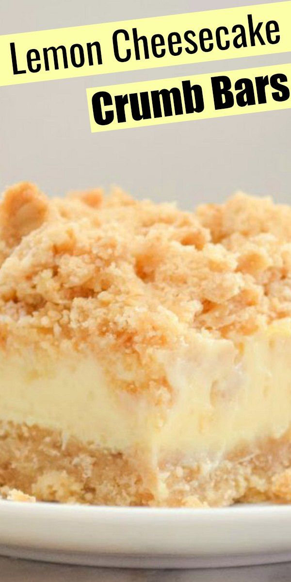 lemon cheesecake crumb bars on a white plate with the words lemon cheesecake crumb bars