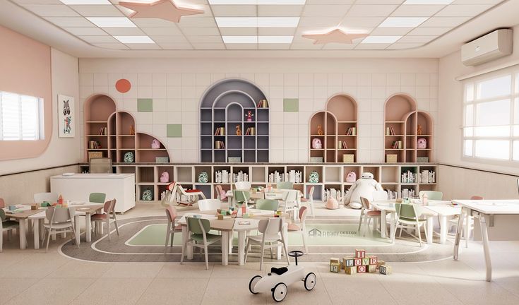 a room filled with tables and chairs next to a book shelf full of children's books