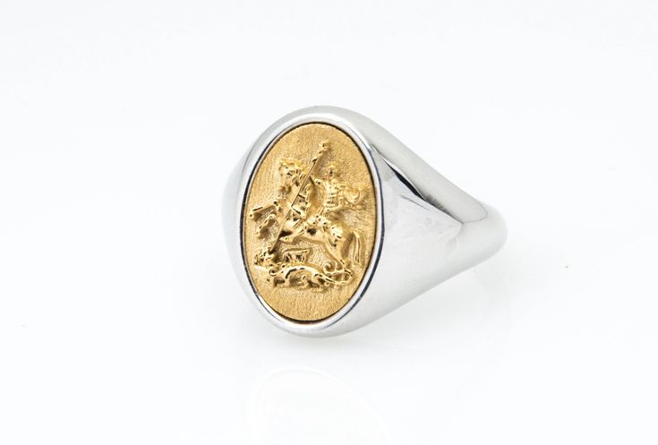 14k Gold Seal Ring ✪ Mens Signet Ring ✪ Unique Design ✪ Statement Man Ring ✪ Chevalier Ring ✪ Medieval Ring ✪ Family Seal ✪ Family Signet Ring ✪ Classic Man Ring ✪ ☛ Ring size as preferred, as it is custom created for you in our workshop. § Saint George Ring / Medieval Knight killing Dragon - 14k Gold Signet Seal § ► The design and creation of this ring is exclusively made by our goldsmith workshop. ► Five different pattern of gold design inside to choose. Check our shop: ❏ Material: ✪ Gold Seal Collectible Gold Rings With Historical Design, Byzantine Engraved Yellow Gold Rings, Byzantine Style Engraved Yellow Gold Ring, Byzantine Yellow Gold Engraved Rings, Ceremonial Silver Signet Ring Stamped 14k, Engraved Byzantine Ring For Anniversary, Ceremonial Yellow Gold Ring With Historical Design, Gold Rings With Historical Design As A Gift, Classic Formal Rings With Historical Design