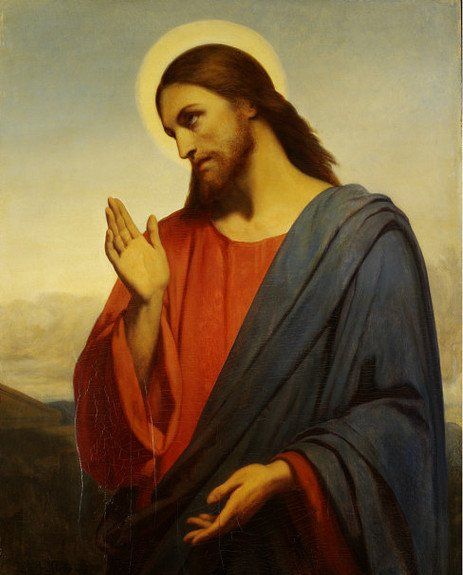 a painting of jesus holding his hands together