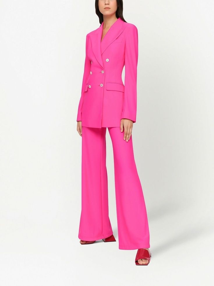 Luxury Pink Blazer With Lapel Collar, Pink Blazer With Notch Lapel And Hidden Buttons, Pink Notch Lapel Blazer With Hidden Button Closure, Pink Business Blazer With Hidden Button Closure, Designer Double-breasted Blazer With Button Cuffs, Tailored Pink Blazer With Hidden Button Closure, Luxury Pink Blazer With Notch Lapel, Designer Long Sleeve Suit With Button Closure, Long Sleeve Double-breasted Business Pantsuit