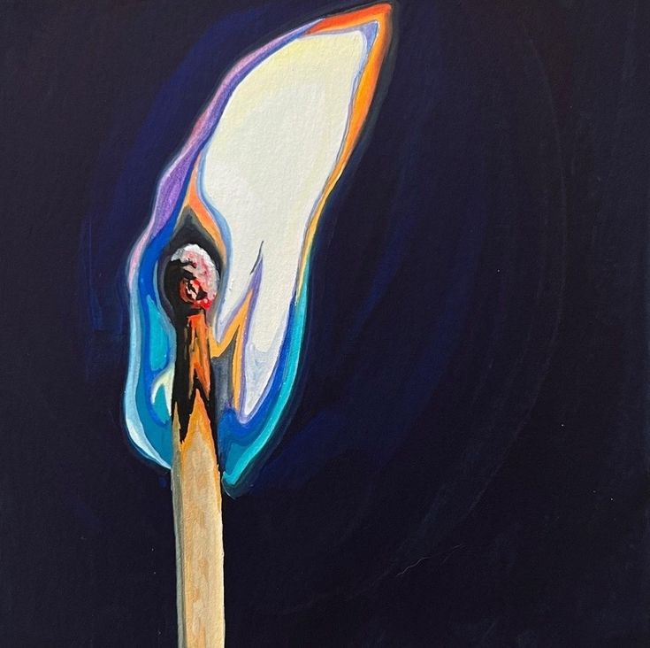 a painting of a person holding a lit matchstick in their right hand and the other hand reaching for it