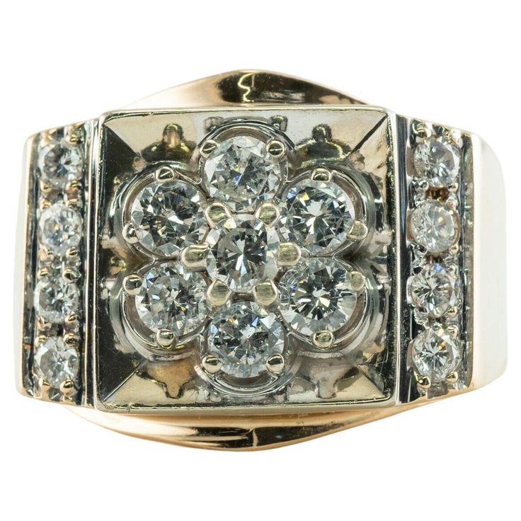 This amazing vintage ring for a gentleman is finely crafted in solid 14K Yellow Gold and White Gold for the top (tested and guaranteed) and set with white and fiery round brilliant cut diamonds. Seven diamonds in the center and eight more diamonds on the sides total .97 carat. These gems range from VS2 to SI2 clarity and H color. The top of the ring measures 16mm North-South. Size 6.25 and can easily be resized. This piece weighs 9.8 grams. Great vintage condition. Mens Diamond Ring, Edwardian Diamond Ring, Diamond Ring Vintage, Estate Rings, A Gentleman, Men Diamond Ring, White Gold Band, Vintage Band, Elegant Ring