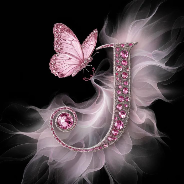 a pink butterfly flying over the letter j