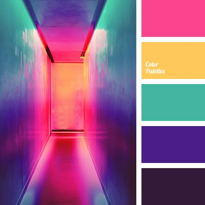 an image of a long hallway with bright colors in the room and on the wall