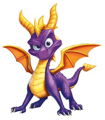 a purple and yellow dragon with large horns on it's head, standing in front of a white background