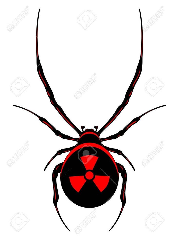 a red and black spider with a radioactive symbol on it's back