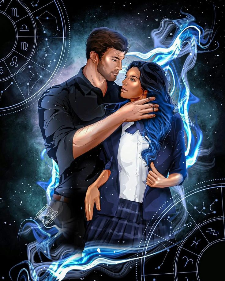 a man and woman hugging in front of an astrological background with the sun behind them