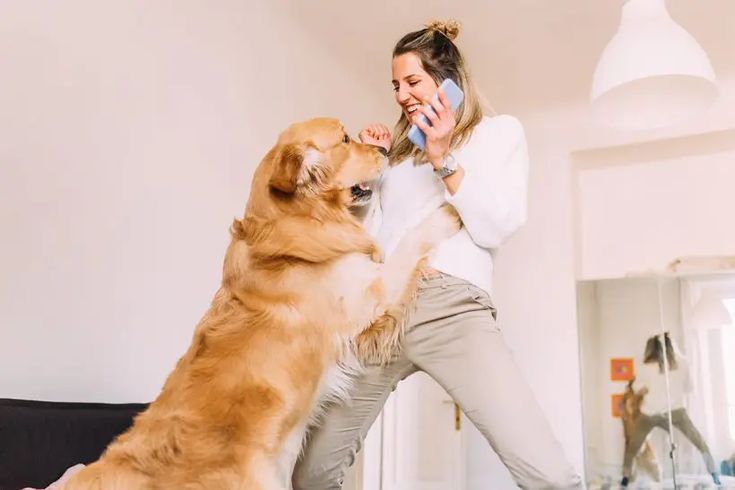 a woman is talking on the phone with her dog