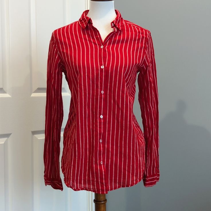 Red And White Striped Button Down Shirt H&M Size 2 From Nape To Bottom 29" In Length H&m Button-up Blouse With Button Closure, H&m Collared Shirt With Button Closure, Classic Button-up Tops By H&m, Classic Button-up H&m Tops, Classic Button-up Blouse By H&m, Classic H&m Button-up Tops, Classic Button-up Tops From H&m, Classic Red Top With Placket, Classic H&m Blouse With Button Closure