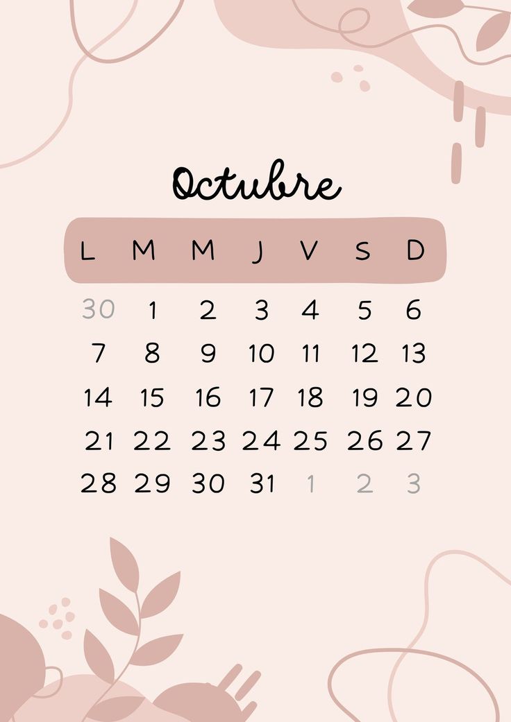 the calendar for october is shown with pink flowers and leaves on it's side