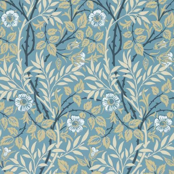 a blue and yellow floral wallpaper with white flowers on the bottom half of it