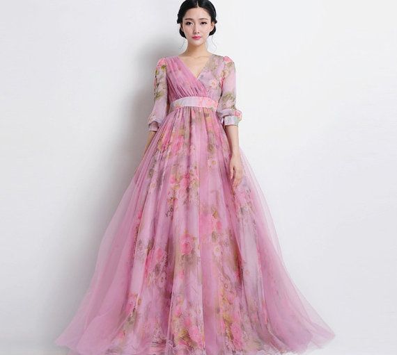 SALE Bohemian Long-sleeve Pink Tulle Floral A-line Maxi Dress Wedding Bridesmaid… Frocks And Gowns, Gown Party Wear, Long Gown Design, Frock Fashion, Frock For Women, Long Gown Dress, Long Dress Design, Girls Frock Design, Indian Gowns Dresses