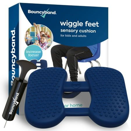 an image of a blue foot rester in front of a box with the words wiggle feet on it