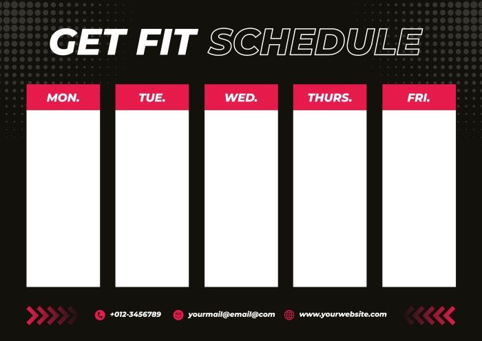 the get fit schedule is displayed on a black background with red and white arrows around it