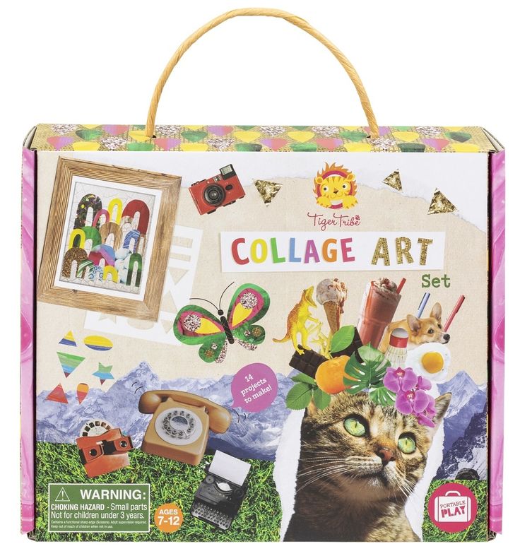 a box with an image of a cat and some pictures on it that says collage art set