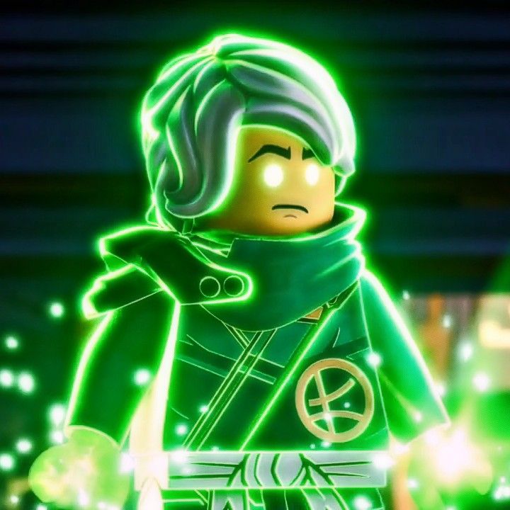 the lego movie character is dressed in green and has glowing yellow lights on his face