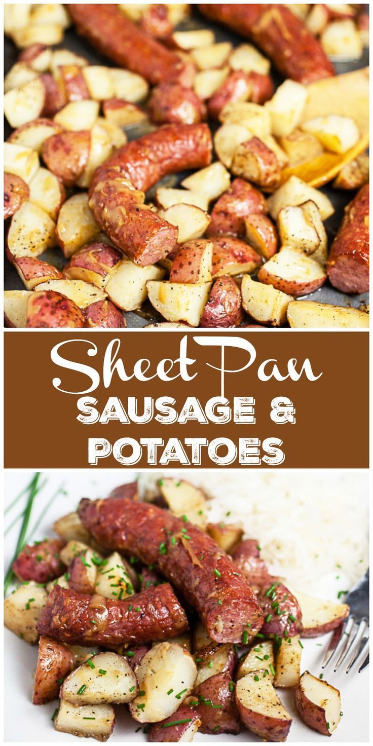 sausage and potatoes on a plate with text overlay that reads sheet pan sausage and potatoes gluen free