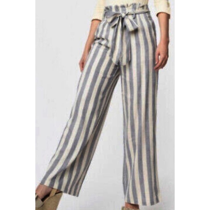 Stripe Paperbag Waist Pants. Size Us L. New Without Tag. Color: Blue And White Elastic Waist Front Pockets Tying Belt Faux Back Pockets #Stripepants #Linen #Paperbag #Pants #Style #Fashion #Womenstyle #Womenfashion #Linenpants #Paperbagwaist Blue Striped Pants For Spring, Blue Vertical Stripes Pants For Spring, Chic Striped Pants For Vacation, Chic Vertical Stripes Pants For Vacation, Spring Vacation Pants With Vertical Stripes, Blue High-waisted Pants With Vertical Stripes, Blue Wide Leg Pants With Vertical Stripes, Chic Striped Bottoms For Vacation, Chic Striped Beach Pants