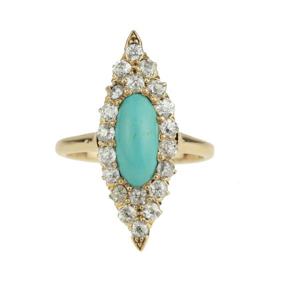 Victorian 14k Rose Gold Turquoise and Diamond Navette Halo Ring on Etsy, £2,451.54 Turquoise Diamond Rings, Amethyst Cocktail Ring, Antique Turquoise, Colored Stone Rings, Antique Diamond Rings, European Cut Diamonds, Art Deco Diamond, Victorian Jewelry, Diamond Drops