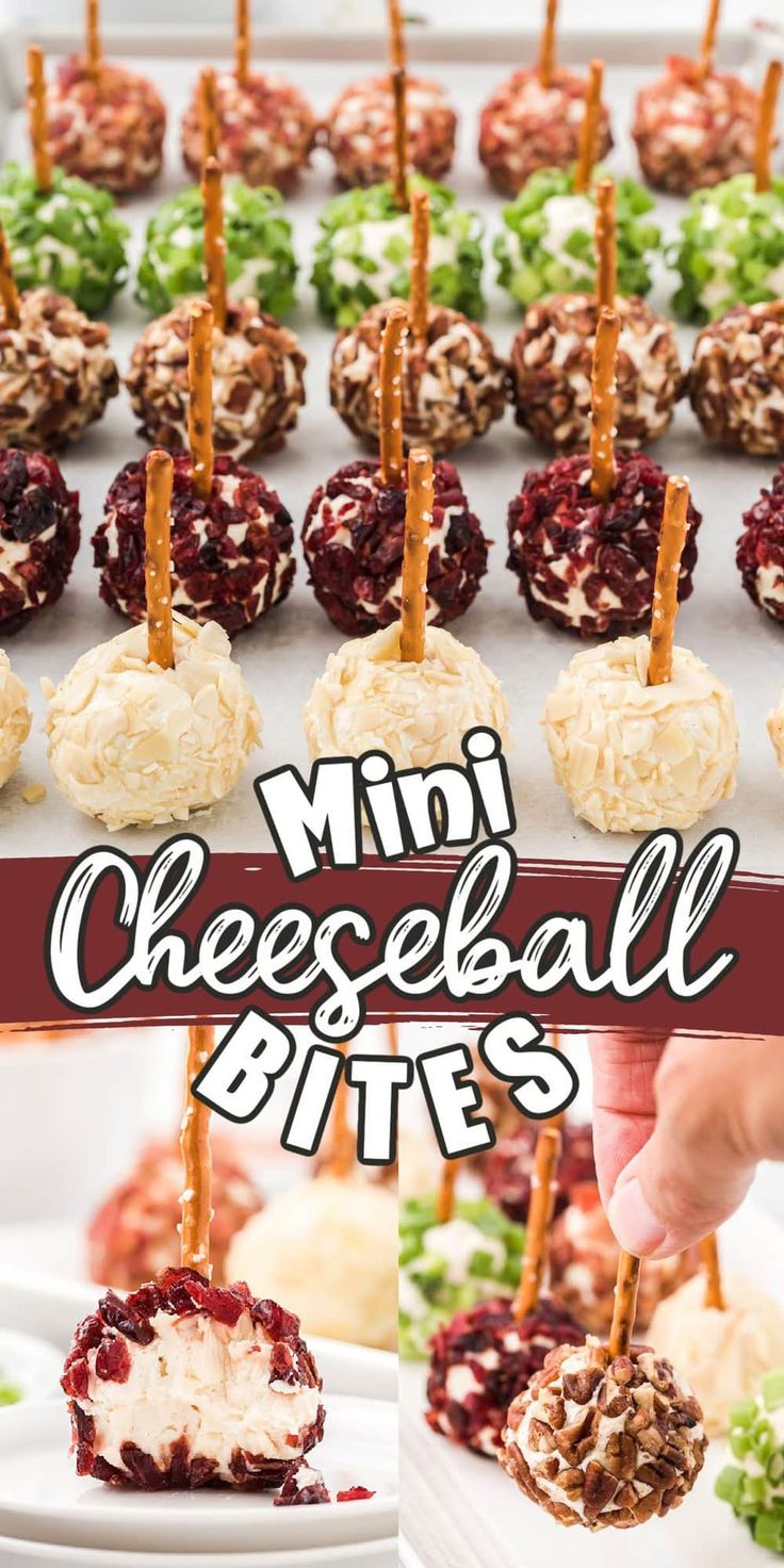 mini cheeseball bites are being served on skewers