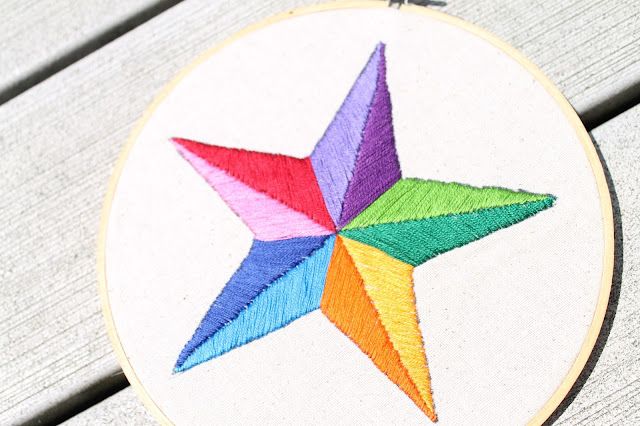 a colorful star is embroidered on a white wooden hoop hanging from a wood plank surface