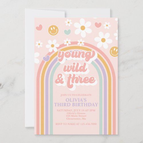 a birthday card with the words young and three on it in rainbows, daisies,