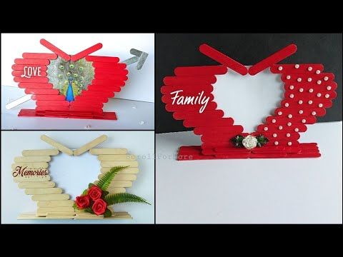 four different pictures of hearts made out of popsicle sticks with the words love and family written on them