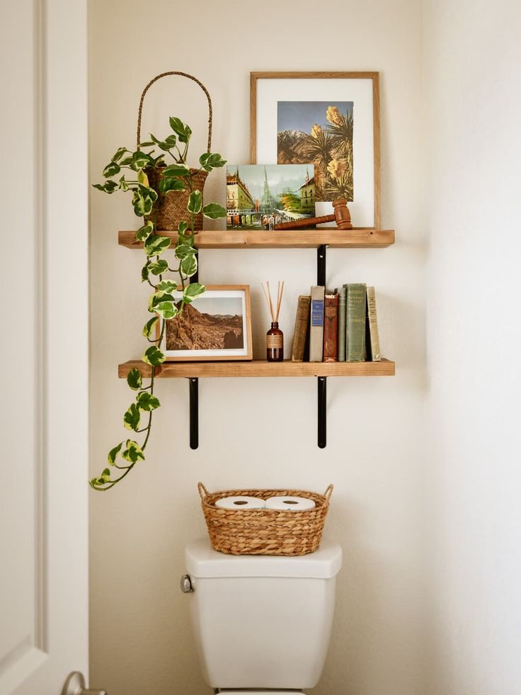 a bathroom with two shelves above the toilet