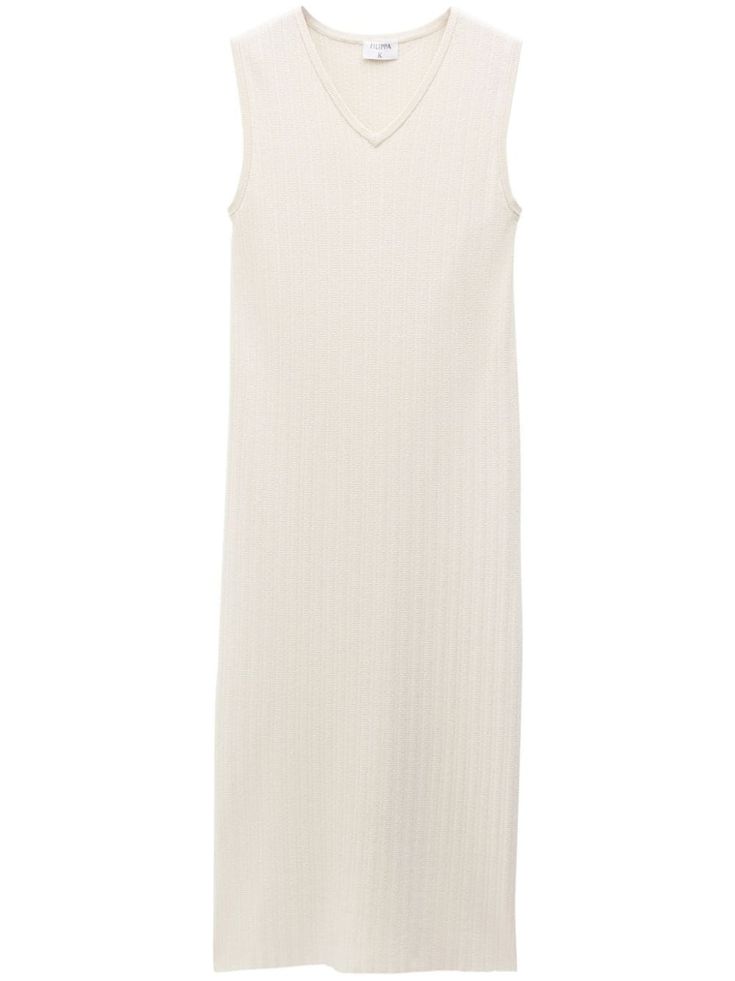 light beige ribbed knit V-neck sleeveless shift style mid-length mid-length straight hem Ribbed Midi Dress For Daywear, Sleeveless Beige Sweater Dress For Fall, Chic Ribbed Midi Dress For Daywear, Summer Dress With Ribbed Neckline, Chic Ribbed Sleeveless Dress For Spring, Ribbed Sleeveless Dress For Daywear, Spring Ribbed Midi Dress For Daywear, Chic Ribbed Dress For Daywear, Sleeveless Ribbed Sweater Dress For Spring