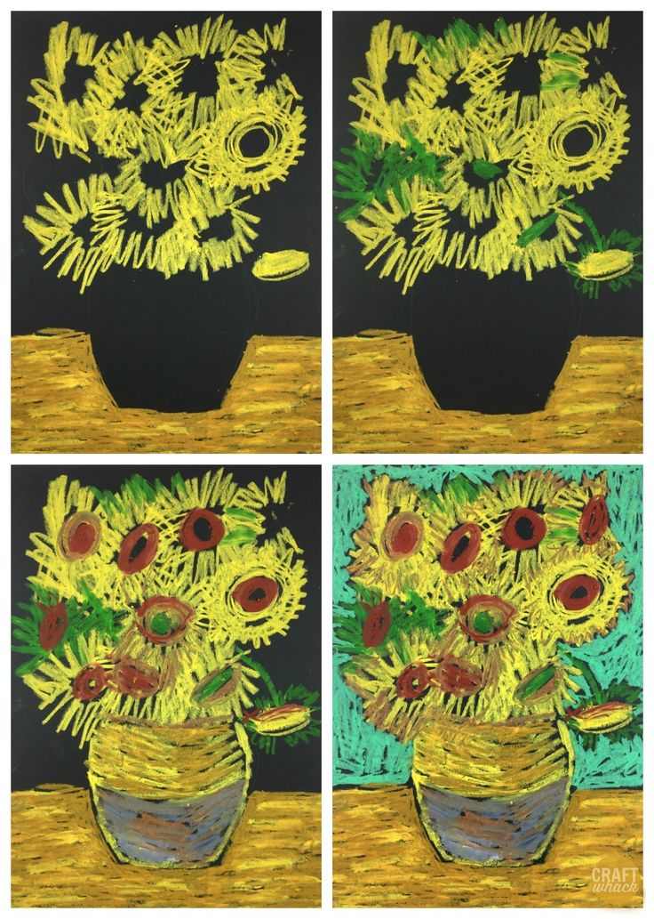 four paintings of sunflowers in a vase